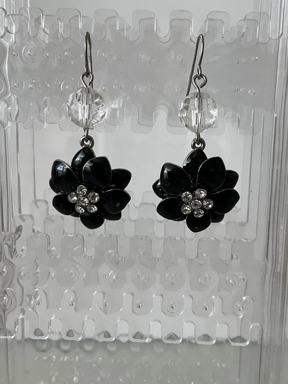 Black Flower Drop Earrings with Crystal Accents